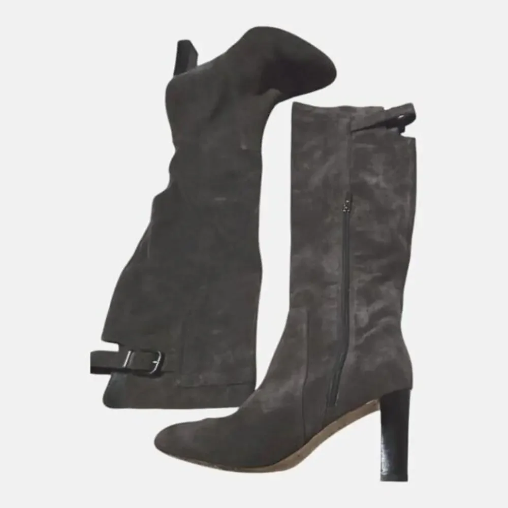 Via Spiga PArca Suede Knee High Boots‎ Buckle Heel Zip Gray Women's Size 6.5